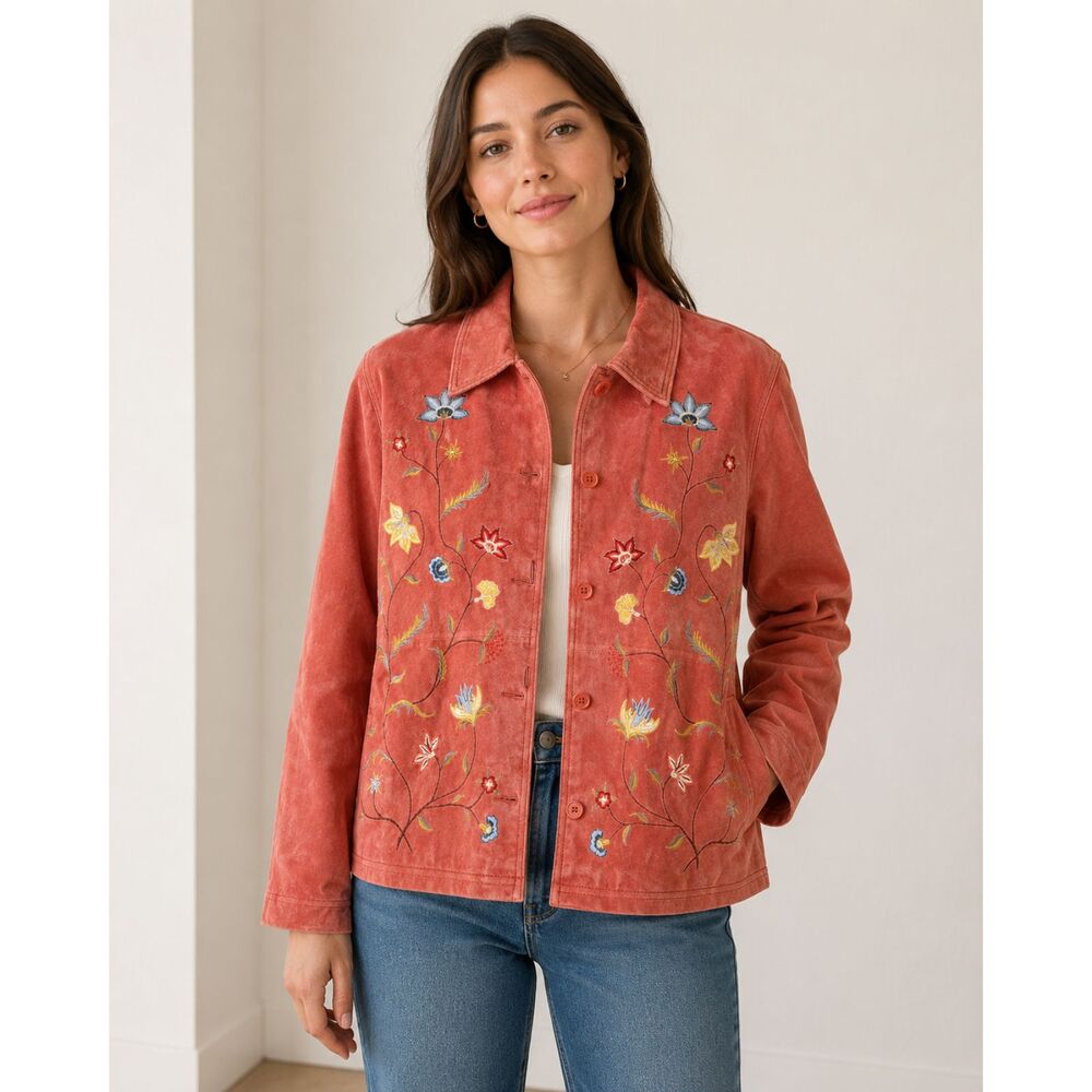 Brandon Thomas Women’s Large Suede Leather Jacket Embroidered Floral Coral Tear